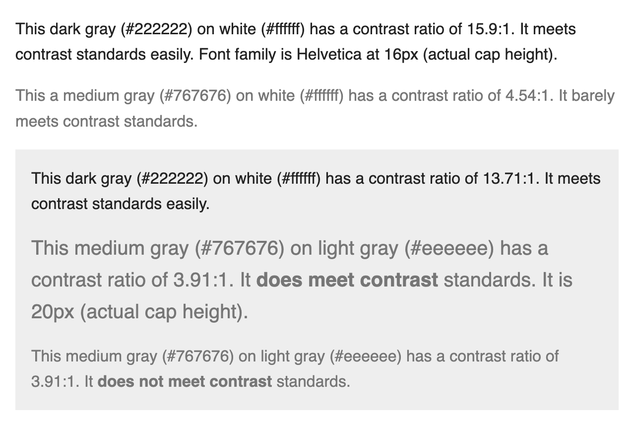 Screenshot illustrating paragraph text that does and does not meet contrast
